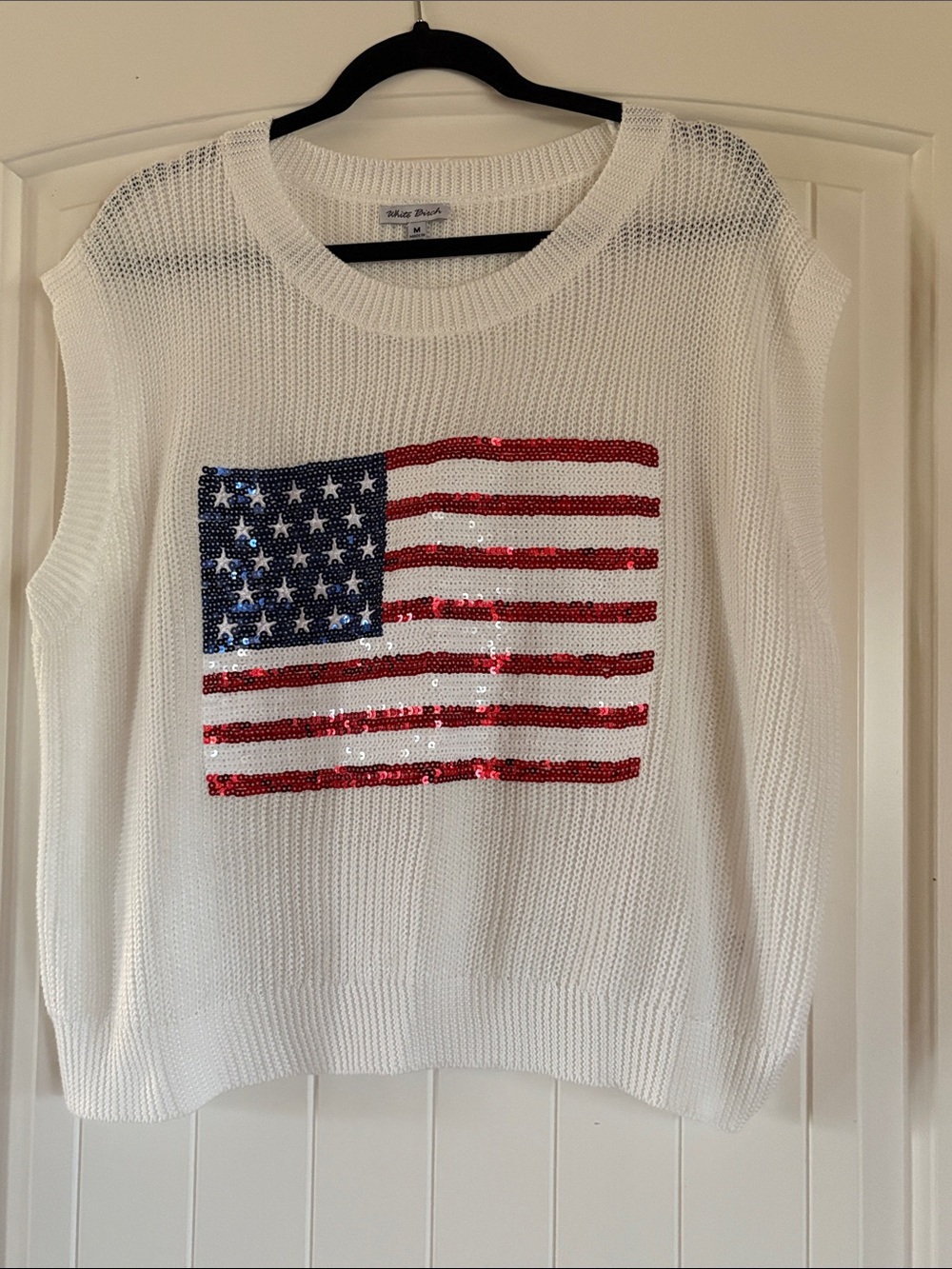 white birch White Sequin American Flag Crewneck Sweater